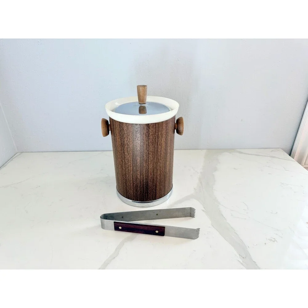 Vintage 1960s Kromex Ice Bucket with Tongs - Marked Made in USA Bar Cart